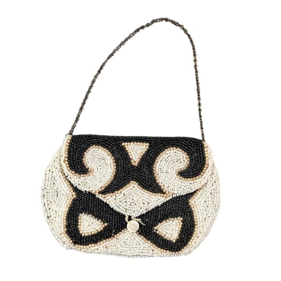 Vintage Beaded coin trinket Purse Black White Pattern Art Deco Chain Strap 5.5" - Picture 4 of 8